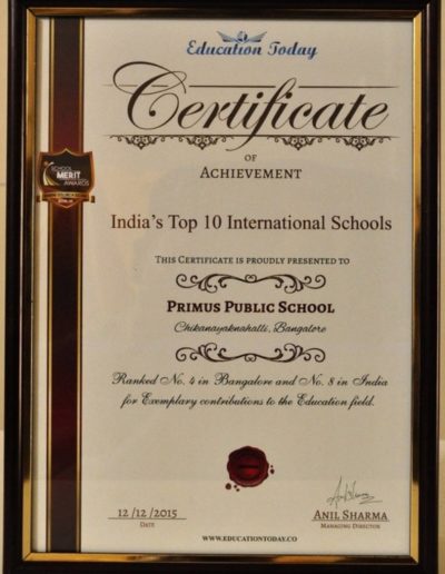 Education Today certificate top 10 international school in India Primus Public School